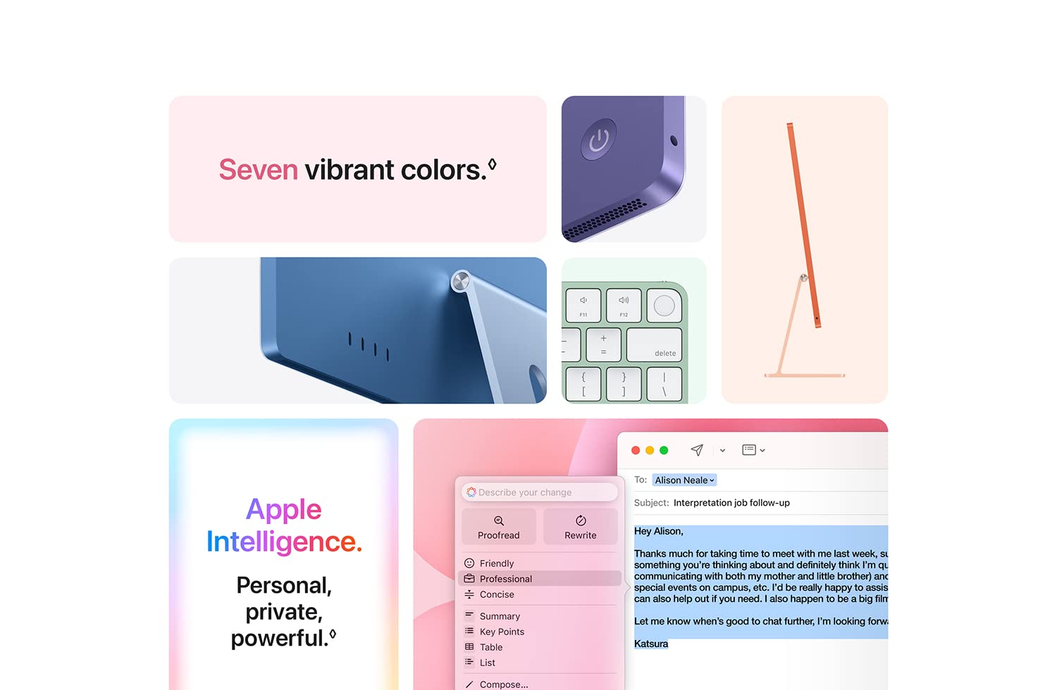 Seven vibrant colors. Apple Intelligence. Personal, private, powerful. Menu with an e-mail.